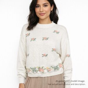 162. Lizsport Vintage Floral Knit Sweater White Size L
